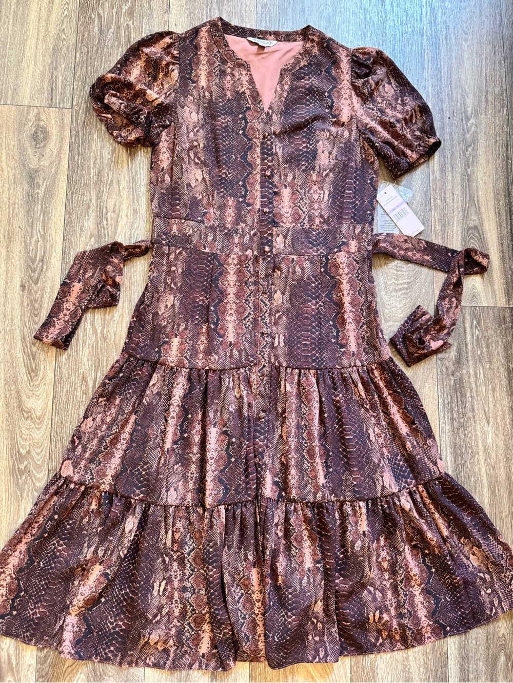 Nanette Lepore Pink and Brown Snake-Print Tiered Puff-Sleeve Dress